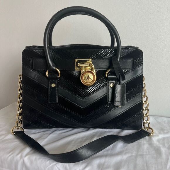 MICHAEL KORS Chevron Stripe Snakeskin Hamilton Satchel Tote Jet Set Raven Fulton - Picture 1 of 11